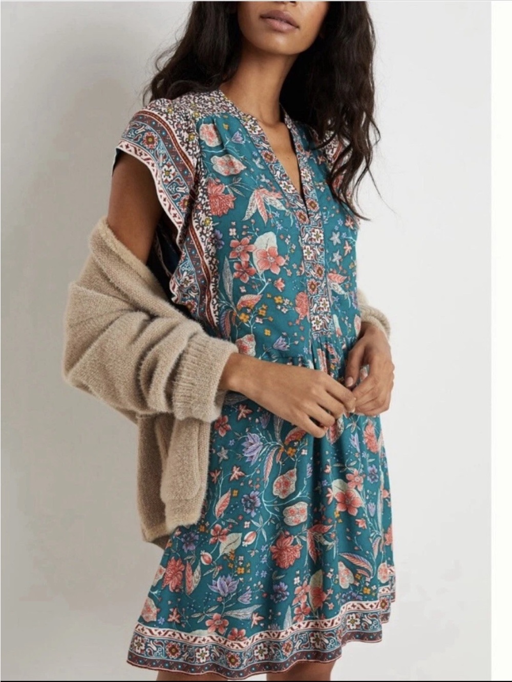 Anthropologie Zenia Mini Dress Women’s Small Green Floral V Neck Pockets Boho